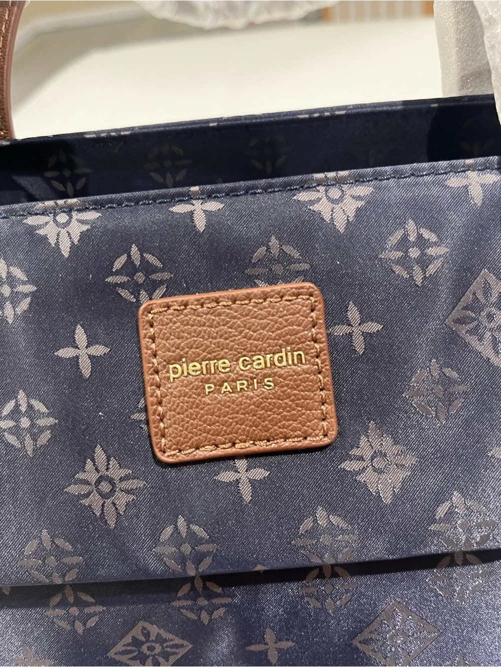 Navy Tote Bag with Brown Accents
